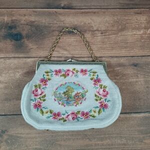 Vintage Needlepoint Purse Floral Landscape Chain Bag Martha Klein Creation